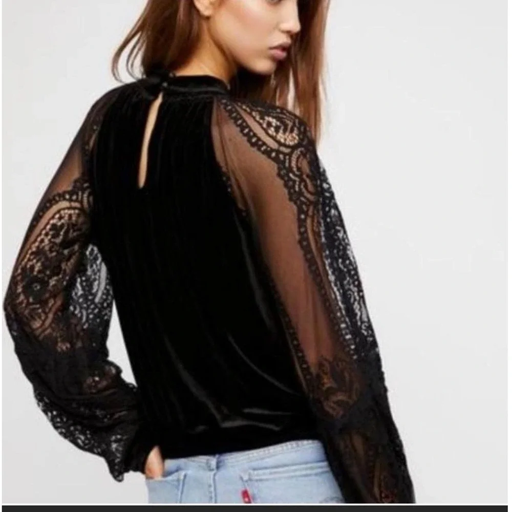 Free People Black Velvet Lace Sleeve Mock Neck Top XS Whimsigoth Gothic romance